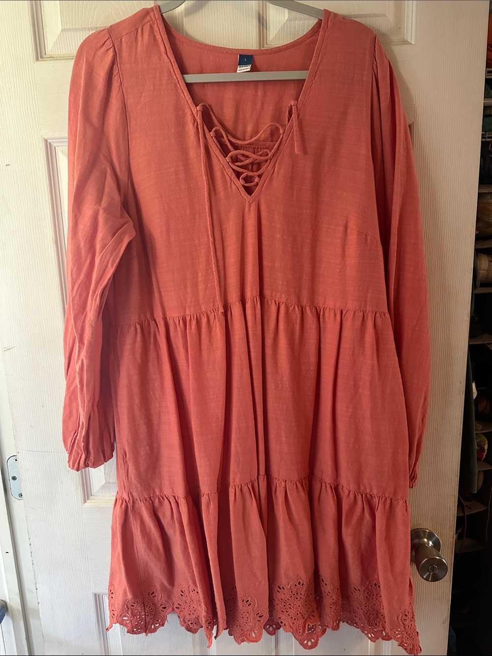 Old Navy Coral Lace-Up Tiered Midi Dress